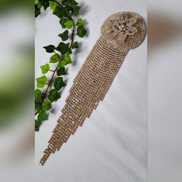 Large Statement Petal Flower Brooch Pin Yellow Gold Rhinestone Fringe New - Picture 6 of 13